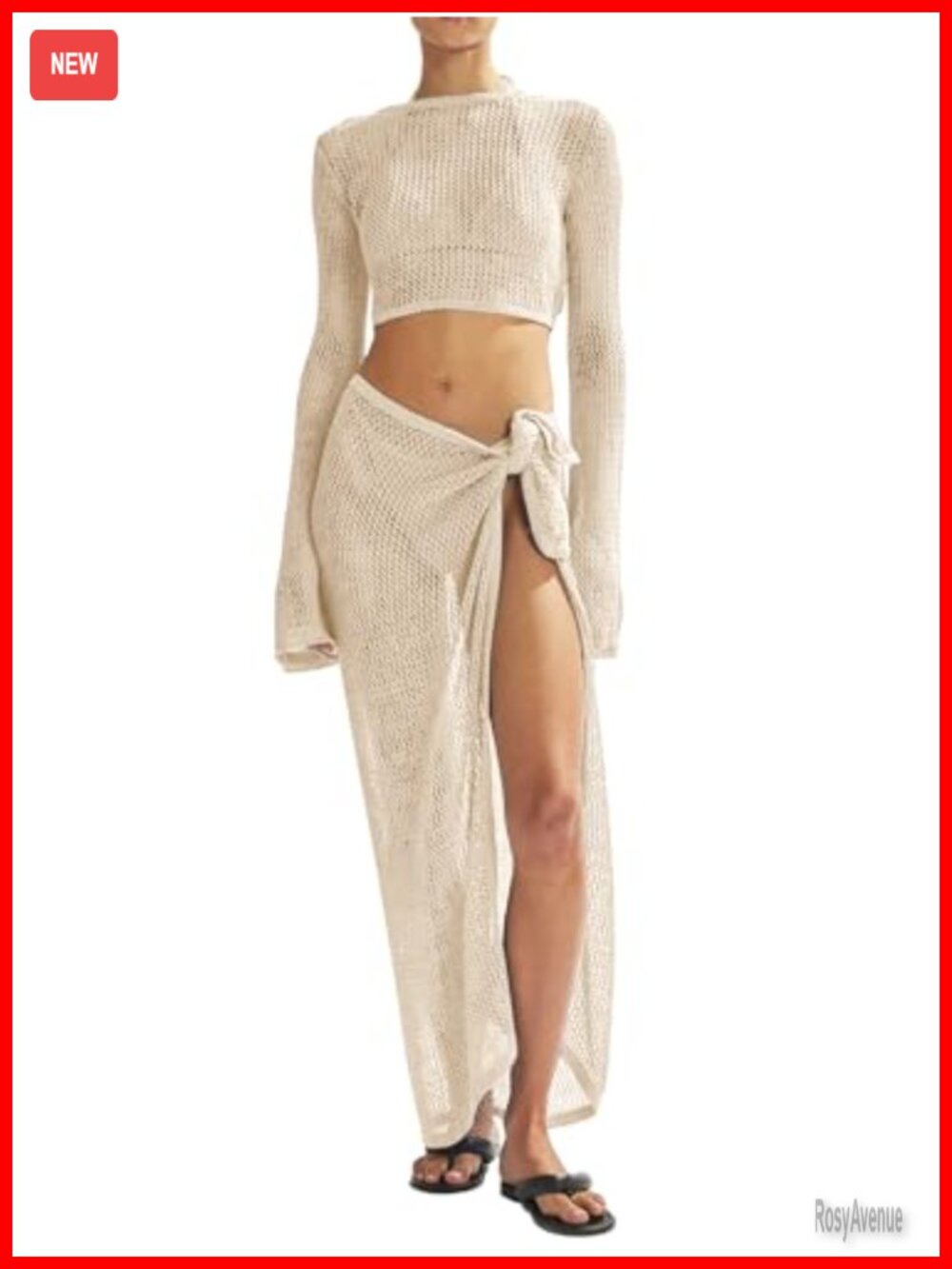 Womens Crochet Swimsuit Cover Up Set Long Sleeve Top and Skirt Beachwear